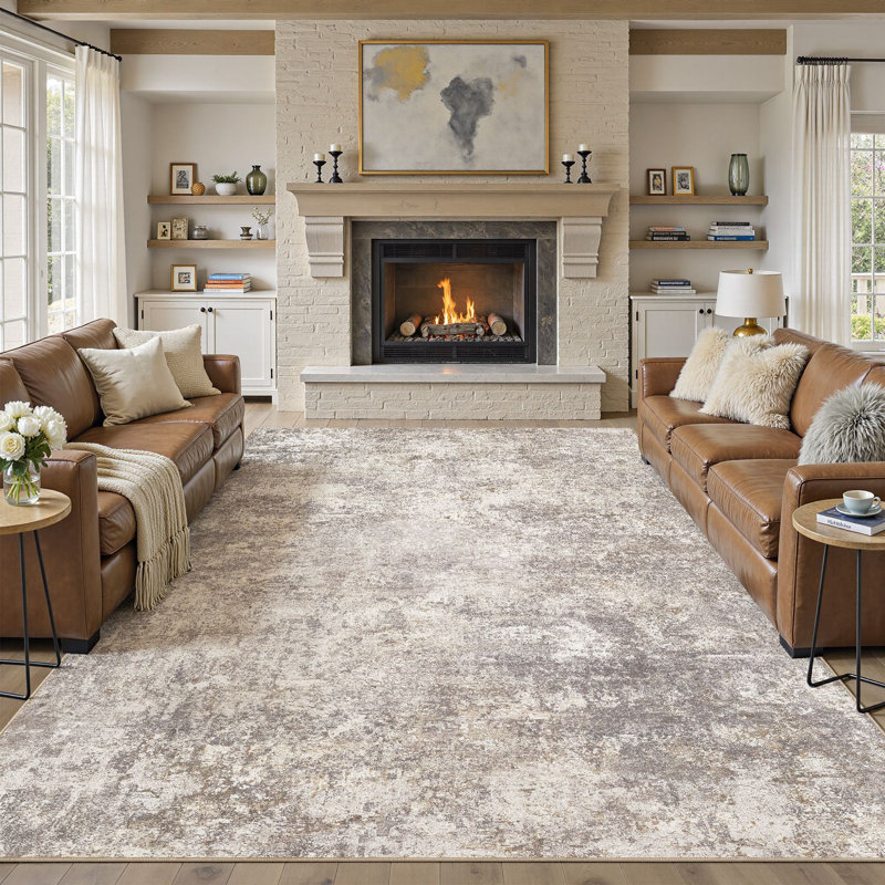  Dagmar Machine Washable Area Rug Abstract Modern Low Pile Indoor Carpet Neutral Non-Slip Backing Floor Mat for Bedroom Dining Room Farmhouse Home Office