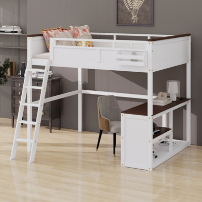 Space-Saving Wooden Loft Bed Frame With Built-In Desk,Torage Box, USB Charging Station And Open Shelf