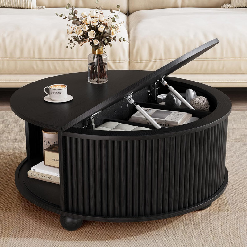 Round Coffee Table with Storage, 31.5" Mid Century Modern Fluted Coffee Table with 360° Curved Sliding Door, Black