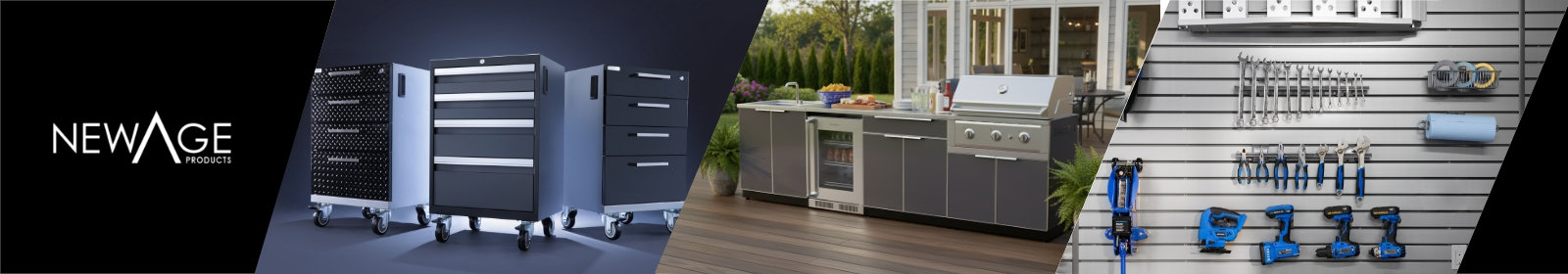 NewAge Products garage storage cabinets, an outdoor kitchen with a built-in grill and beverage cooler, and a slatwall organization system with hung tools.