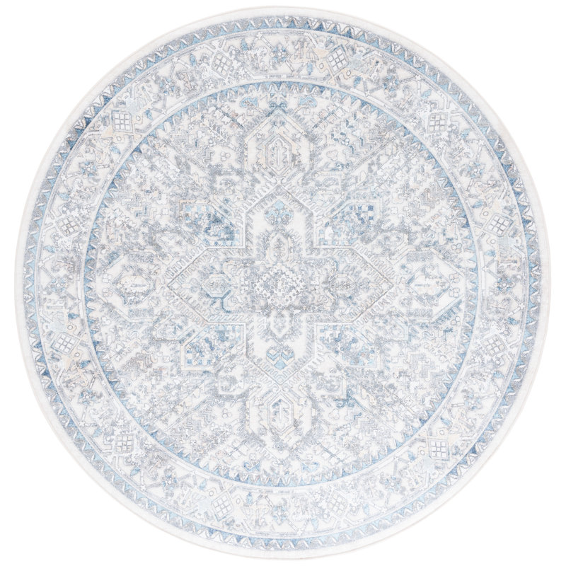 Xailey Orlando Felt/Velvet/Laminated Film Machine Washable Southwestern Rug in Ivory/Light Blue, Round 6'7"