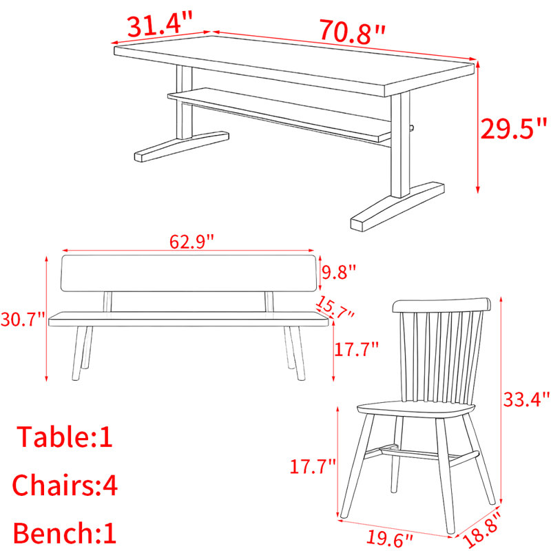 Modern simple solid wood dining table set., 29.5"H x 70.8"L x 31.4"W