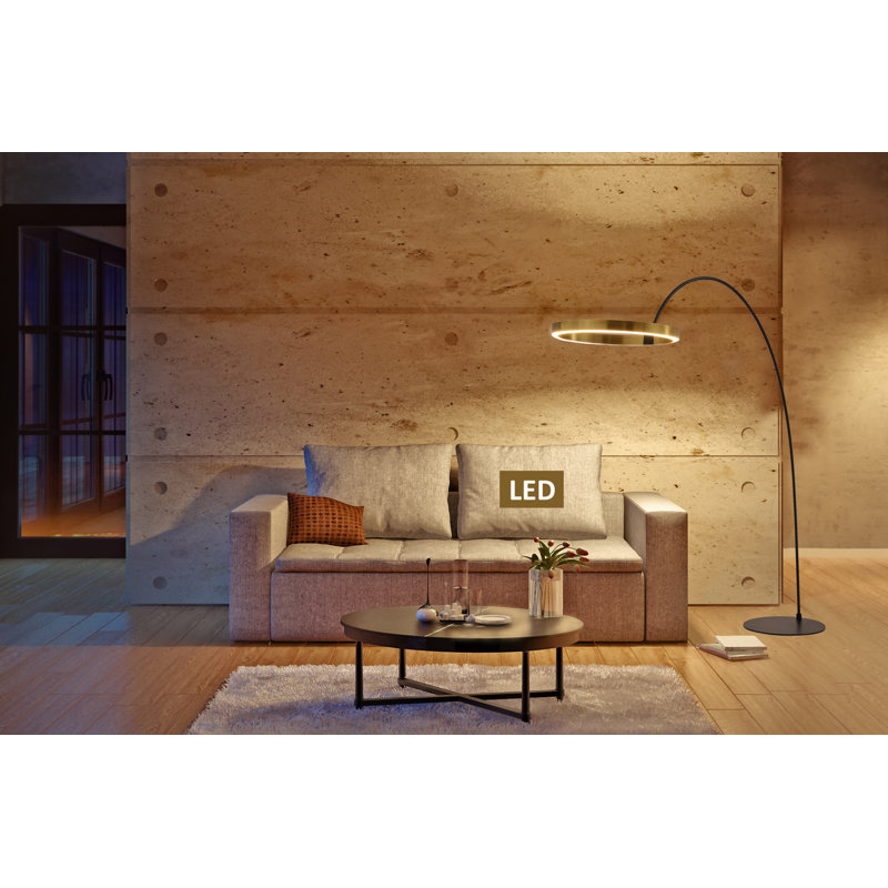Rushell 82'' Black LED Arched Floor Lamp with USB, Antique Satin Brass