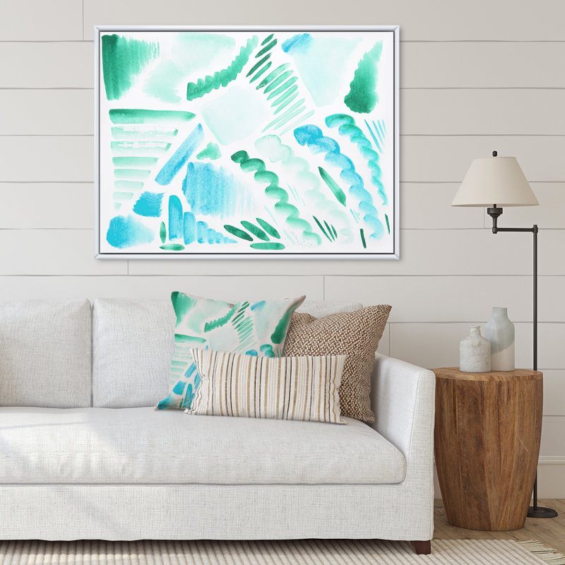 Éléments graphiques rétro en bleu et vert I - peinture sur toile, Cadre photo blanc, H 24 po x l 32 po