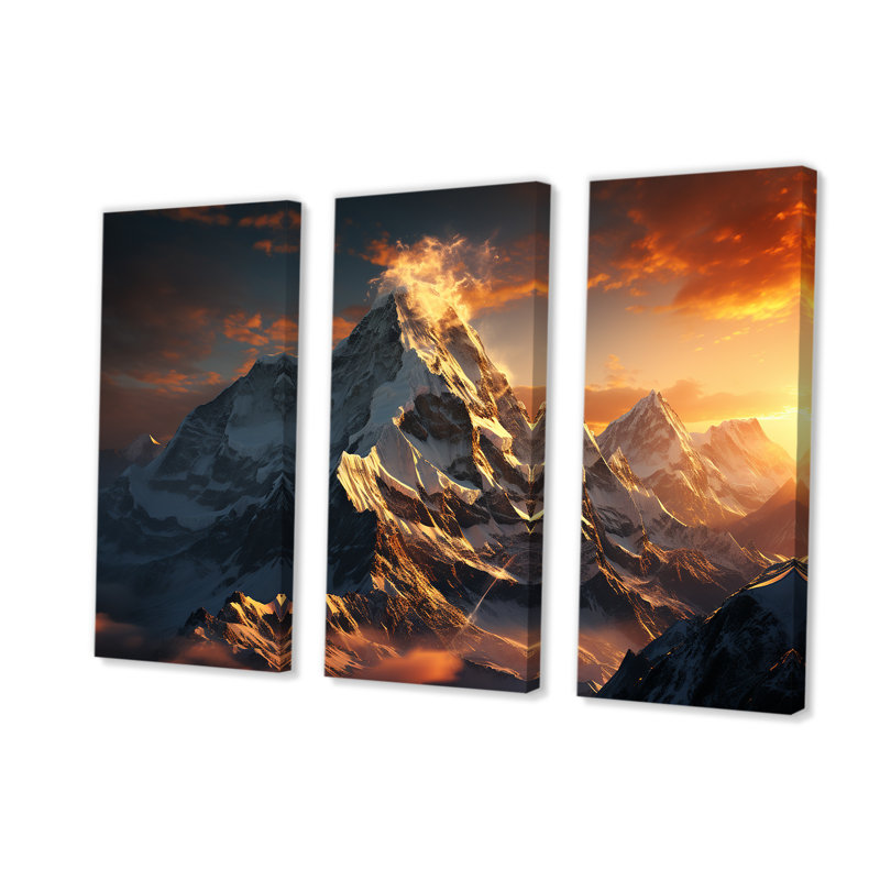 Montagnes jaunes enneigées au coucher du soleil, sommet de l'Everest I - paysage de montagnes, art mural, Toile tendue