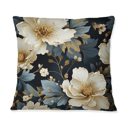 Luxueux motif floral doré et gris II - Coussin décoratif à imprimé floral