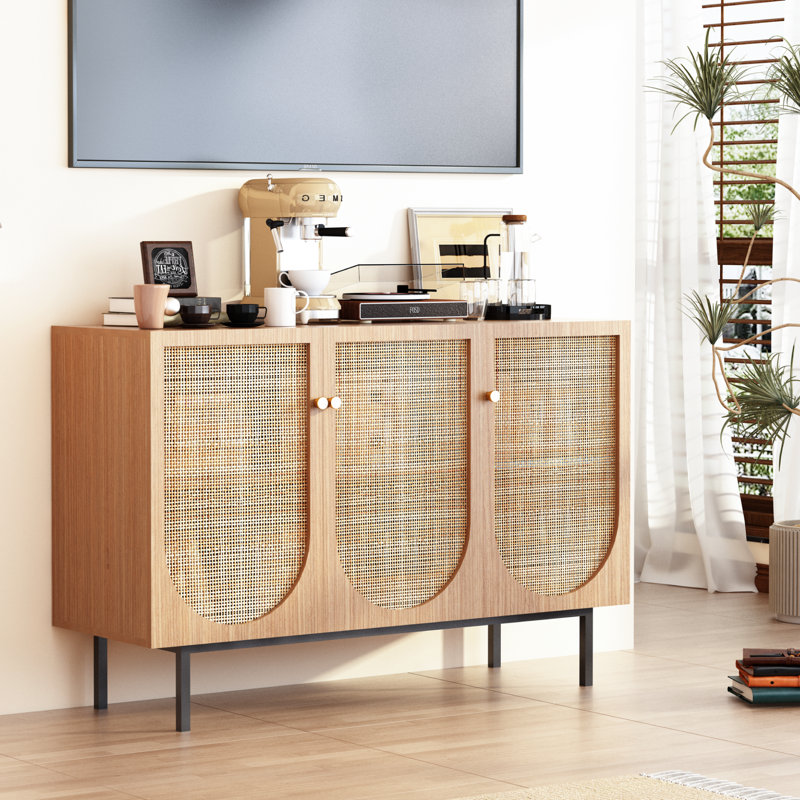 Natural Rattan Cupboard, Sideboard with 3-Wicker-Door, Adjustable Shelves