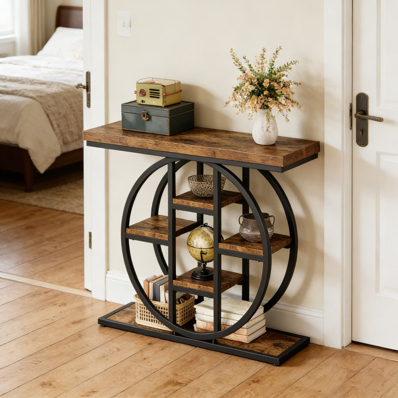 Console industrielle avec tablettes circulaires à 4 niveaux, canapé étroit pour l'entrée, le salon, le couloir et le vestibule, finition brun rustique