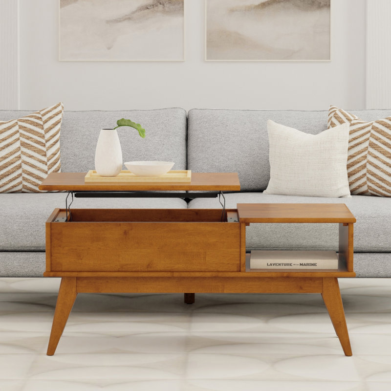 Draper 48"W Solid Wood Mid-Century Modern Lift Top Coffee Table with Storage Compartment, Open Shelf and Angled Legs