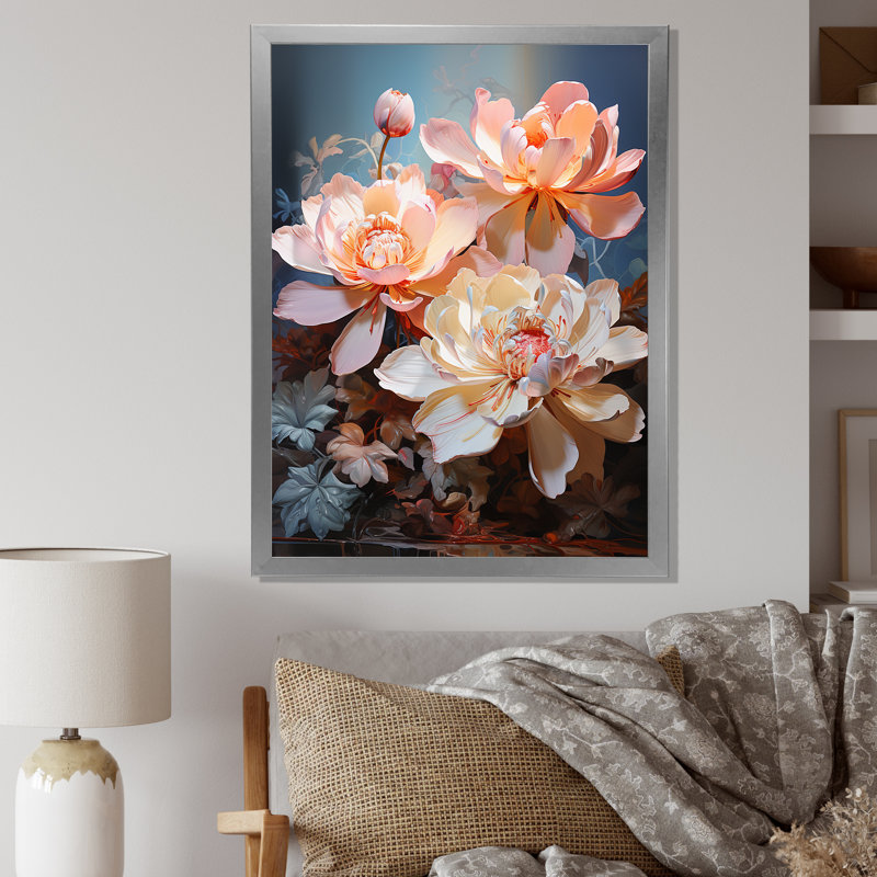 Fleurs de lotus de la pureté IV sur toile, Cadre simple argenté, H 40 po x l 30 po x P 1,5 po
