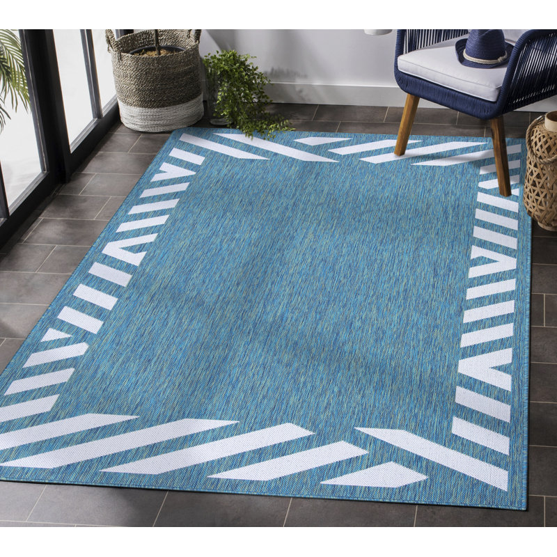 Tapis intérieur / extérieur blanc / bleu Mikera, Rectangle 5 pi 3 po x 7 pi 6 po