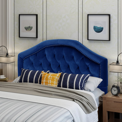 Grande et grande tête de lit en velours bleu marine - Chic contemporain avec capitonnage à boutons et jolis détails cloutés