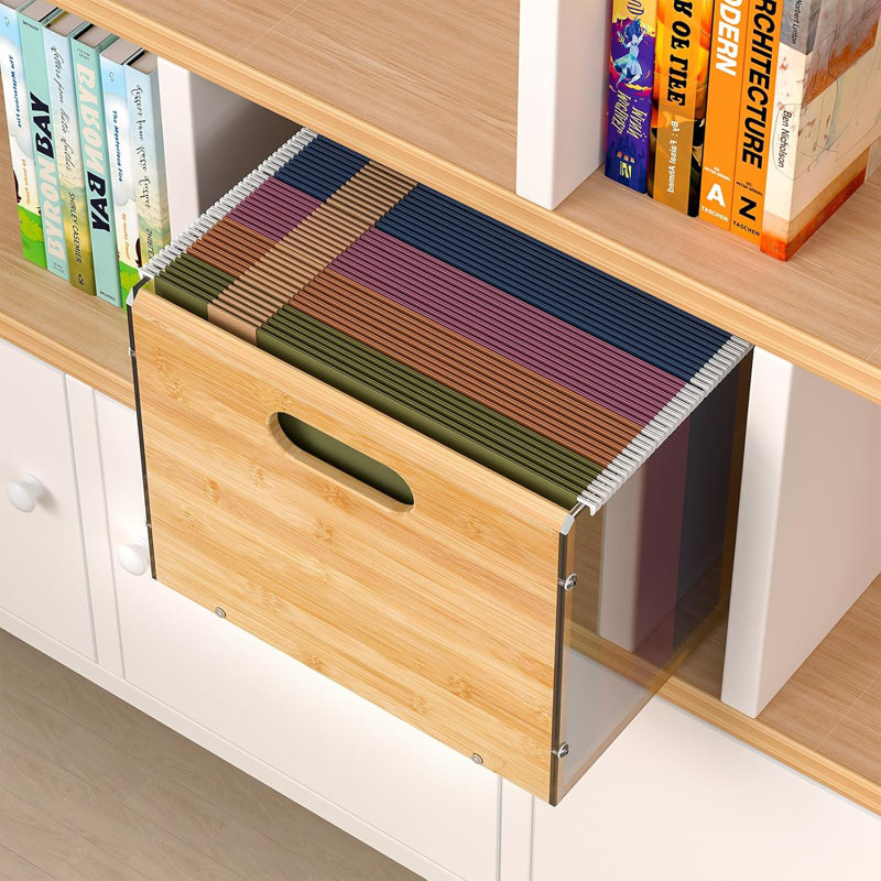 Bamboo Acrylic File Box Organizer, Hanging File Folder Storage Boxes, Decorative Document Crate Transparent Filing Bin With Handle For Home Office Desk