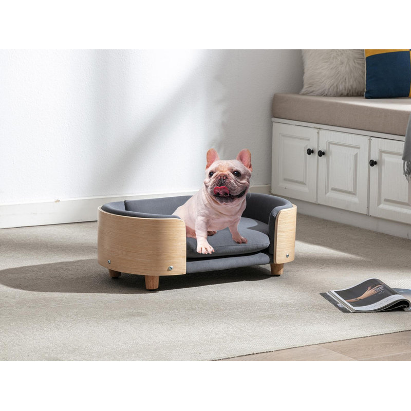 Petit canapé pour chien en velours avec pieds en bois massif et dossier en bois courbé de style scandinave, Gris foncé