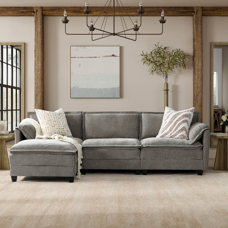 Herrick 108"W Modern Elephant Ear-Shaped Armrests Sectional Sofa with Ottoman, Light Gray Polyester