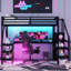 Lit mezzanine en métal avec petite armoire et lumière DEL, lit mezzanine avec bureau en L et port USB