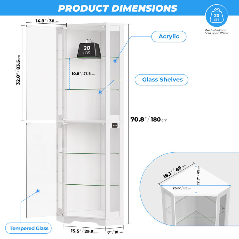 BROTTAR 71" Corner Display Cabinet with Glass Doors, 6 Tier Curio Cabinet with 3 LED Lights & Glass Shelves, Human Body Sensor, Showcase Display Case for Collectibles, White