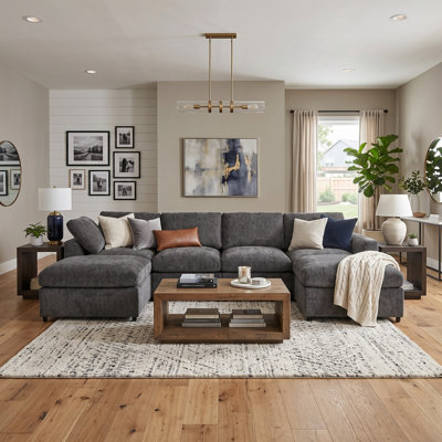 130" Symmetrical Modular Sectional Sofa with 2 Ottomans, Deep Seat Chenille Couch