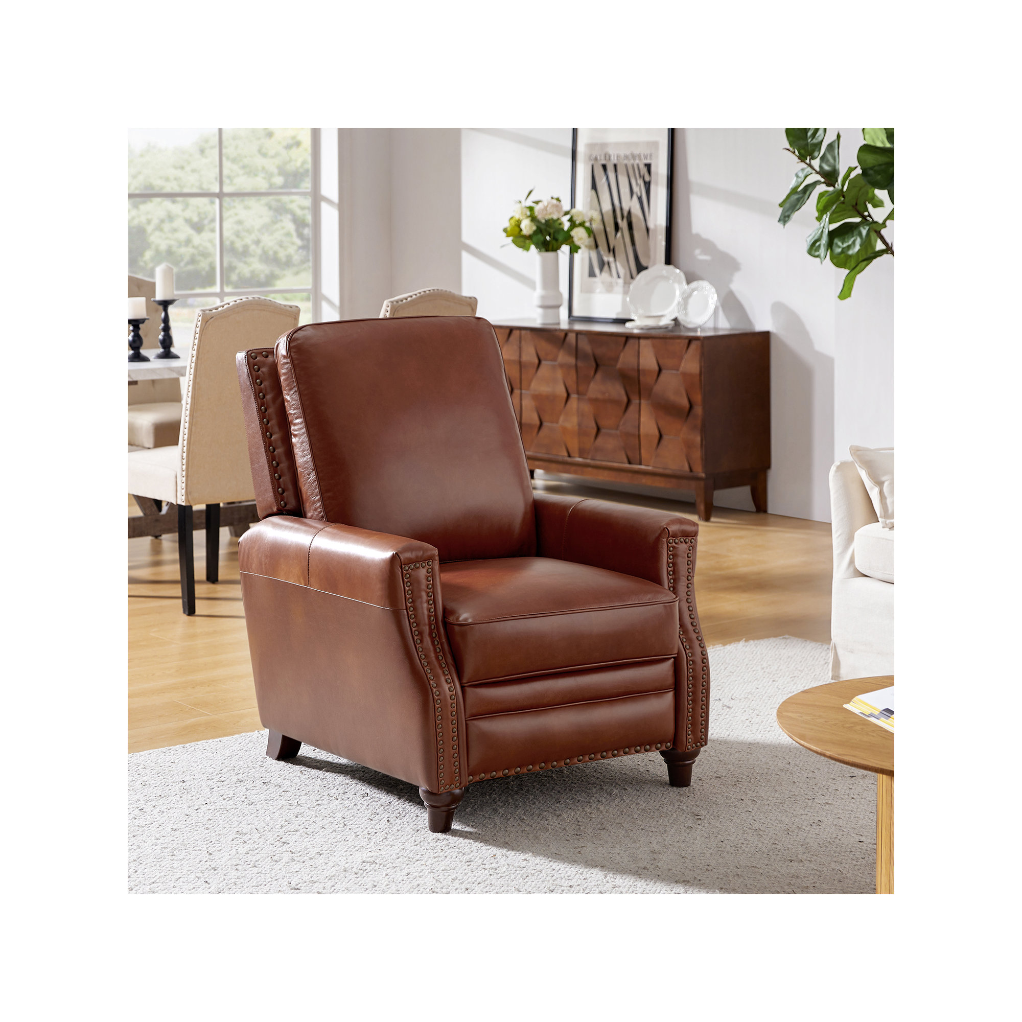 Andrena Genuine Leather Recliner with Nailhead Trim, Brown Genuine Leather