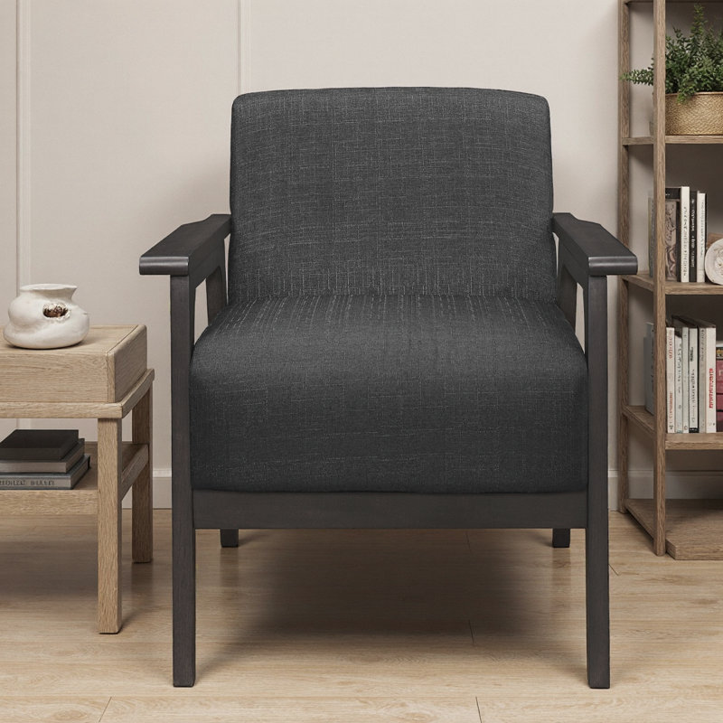 Chaise d'appoint en tissu texturé gris foncé avec structure en bois d'hévéa massif pour salon moderne, Gris foncé