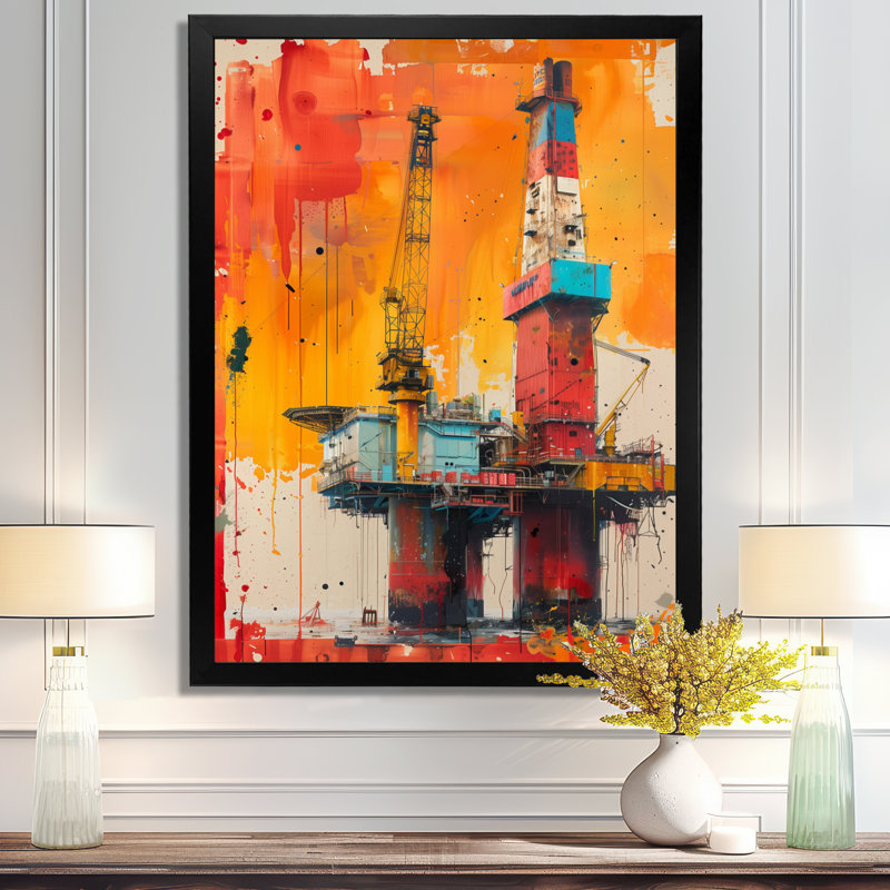 Orange, orange, plate-forme de pétrole, fond marin, rodéo, H 34 po x l 44 po x P 1,5 po, Toile encadrée noire simple