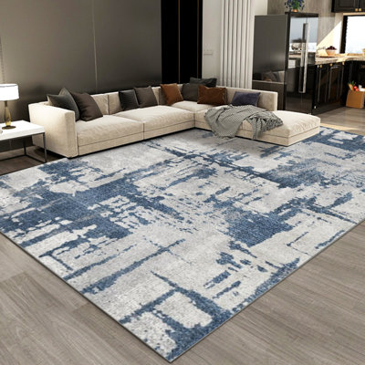 Modern Abstract Area Rug, Blue Grey Distressed Carpet with Non-Slip Backing, Stain-Resistant Durable Rug for Entryway, Living Room, Bedroom, Dining Room (Multiple Sizes)