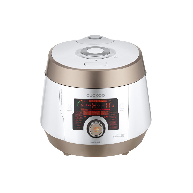 Autocuiseur CUCKoo, CMC-ASB501F, A50 Premium Series 8 en 1 (autocuiseur, mijoteuse, cuiseur à riz, friture, cuiseur à vapeur, réchaud, yaourt, machine à soupe) 18+ options intelligentes, acier inoxydable, 5 pintes, or / blanc