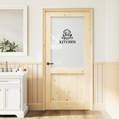 36" x 80" Half-Lite Pine Wood Frosted Glass Door, Privacy Glass Door Slab, Paintable & Waterproof, Suit for Kitchen Door