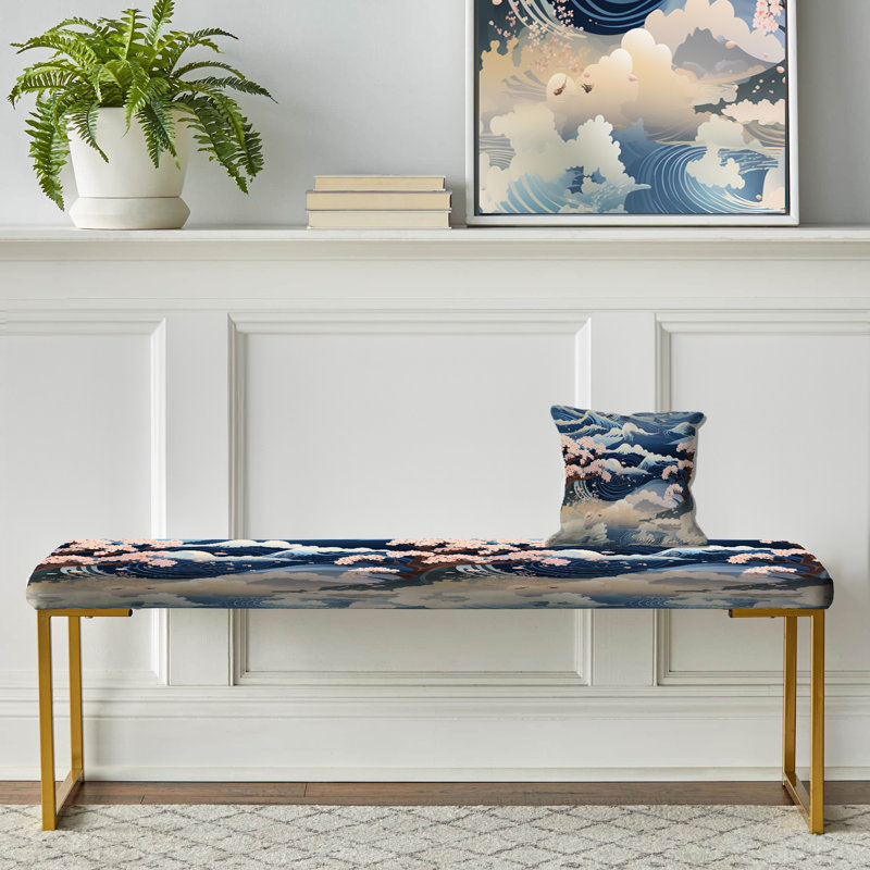 Banc rembourré Coastal Gold, Blue And Pink Zen Japanese Landscape