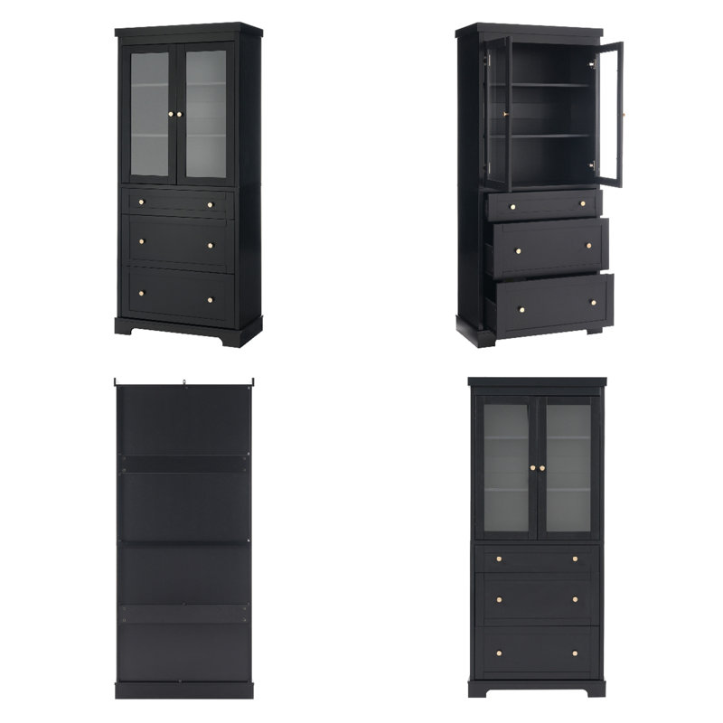 Grande armoire de salle de bain moderne avec 2 portes en verre à fermeture douce, 3 tiroirs et 2 tablettes réglables, Noir
