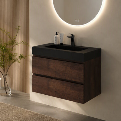 Alice 30" Walnut Bathroom Vanity with Sink, Large Storage Wall Mounted Floating Bathroom Vanity for Modern Bathroom, One-Piece Black Sink Basin without Drain and Faucet, Pre-assembled