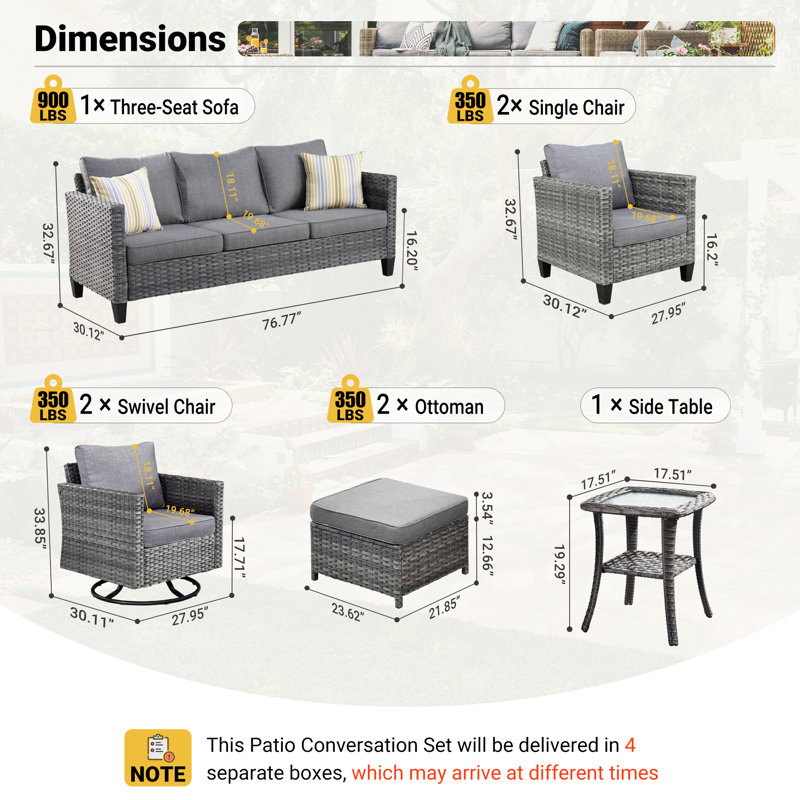 Ensemble de conversation avec canapé en rotin 8 pièces et coussins 8 pièces, Gris foncé