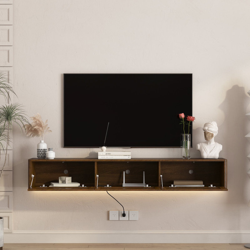 68.9''Wall Mounted Floating TV Stand With Led Lights And Power Outlet, Walnut
