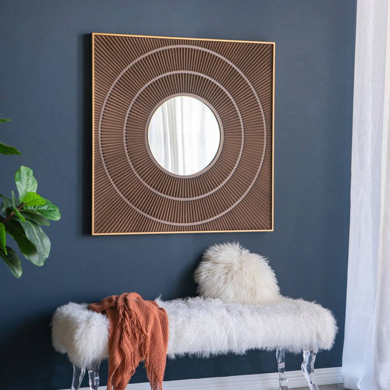 Miroir carré 40 "x 40" à motif plissé avec cadre en fer doré, couleur neutre pour mur de salon , Brun, Carrée, 39.4" x 39.4"