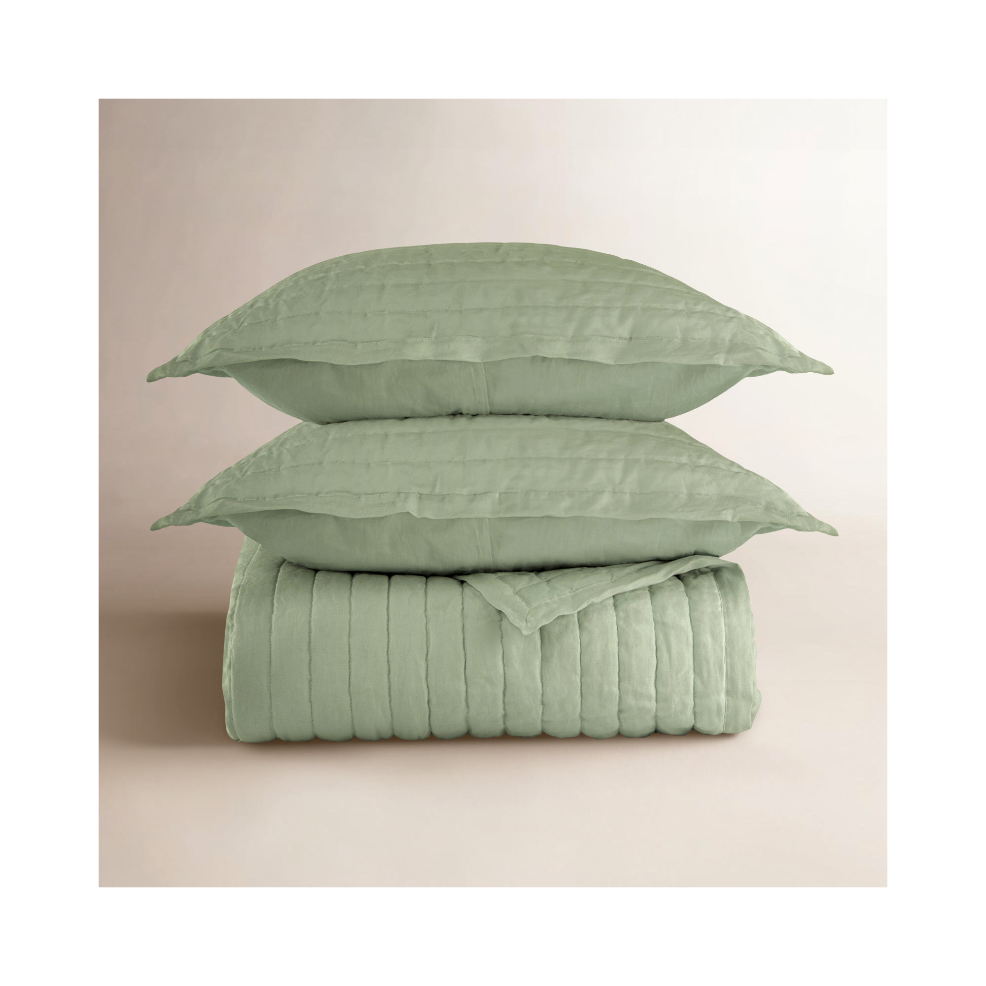 French Linen Channel Stitch Quilt & Sham Set - King/Cal King - Matcha, King Quilt + 2 King Shams, Matcha