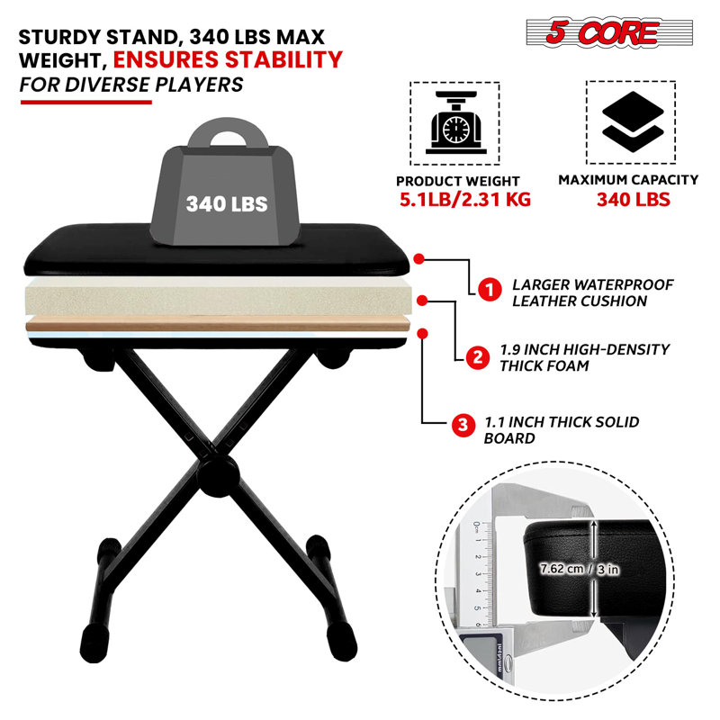 5 Core Keyboard Bench 3" Padded Cushioned Piano Stool Height Adjustable Guitar Seat Folding Portable