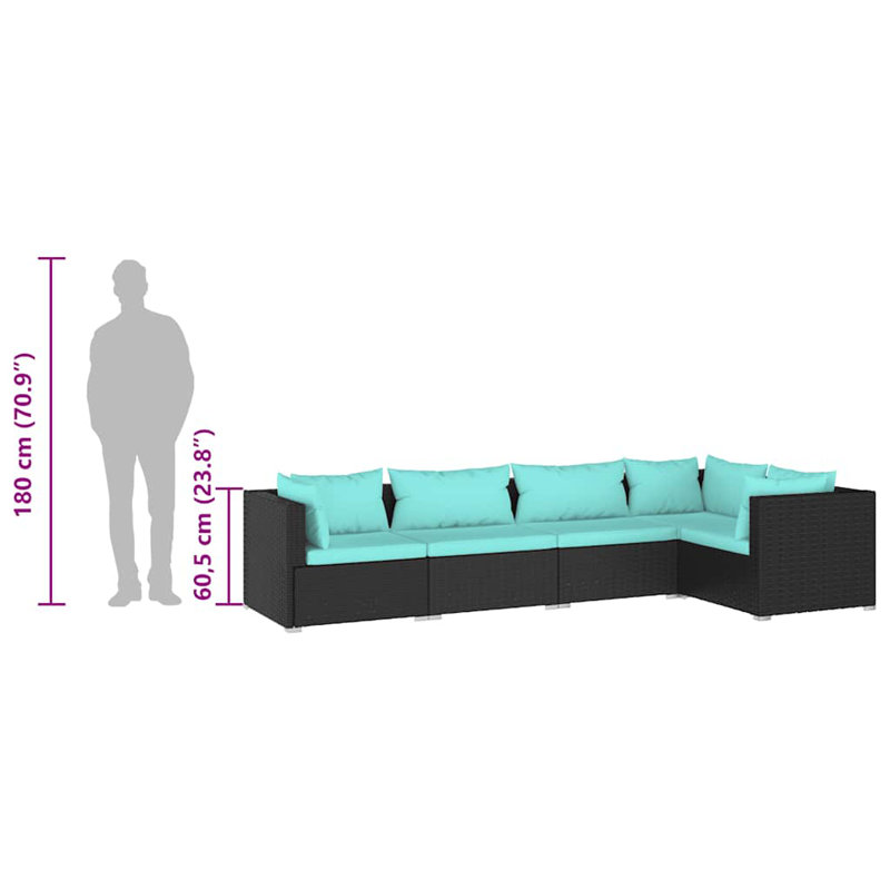 5 Piece Lounge Sofa Seating Group, Water Blue, Black
