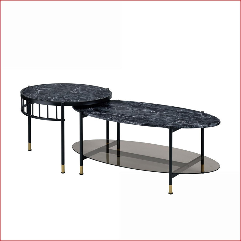 Ensemble de tables basses emboîtables en grain de marbre noir - Économie d'espace avec tablette inférieure fonctionnelle pour le salon