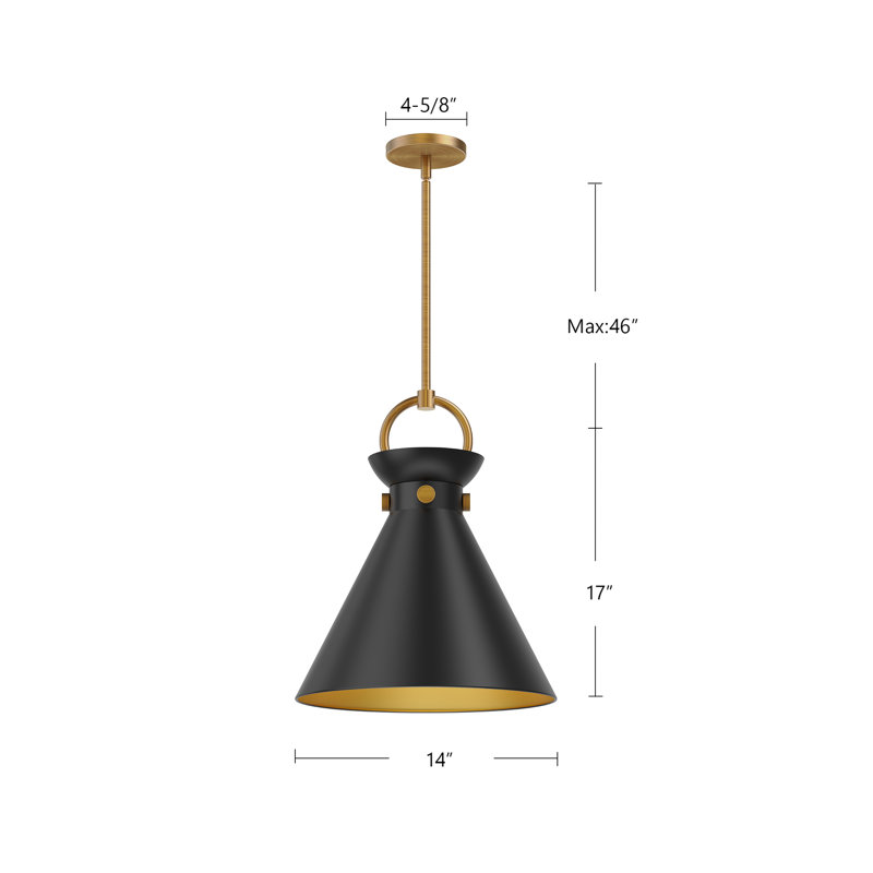 Luminaire suspendu conique simple à 1 lumière Tiney, Doré vieilli, Or, H 17 po x l 14 po x P 14 po