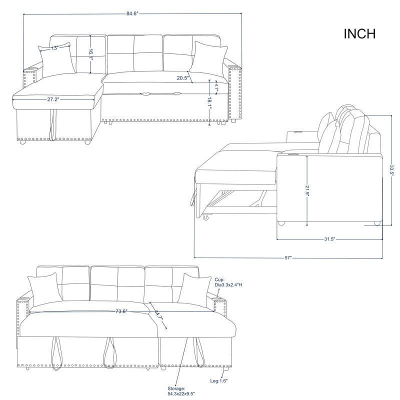 Canapé-lit modulaire convertible en L avec méridienne de rangement et lit escamotable, Polyester 100 % gris foncé