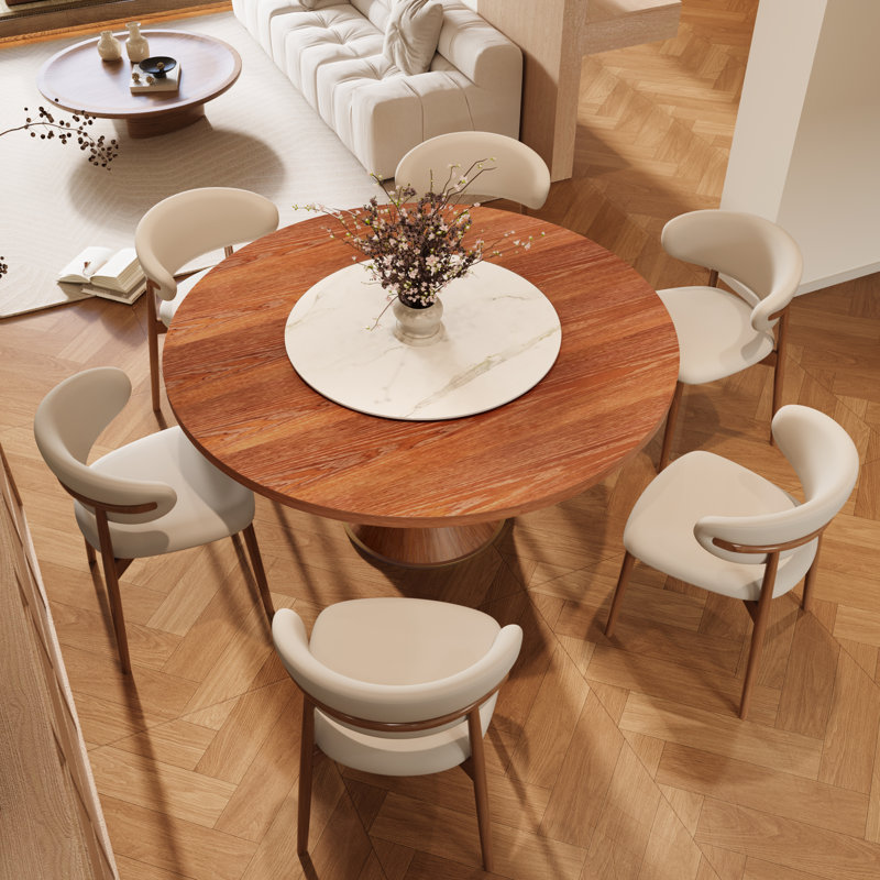 Ensemble de table de salle à manger rond en bois massif Mid-Century Farmhouse, 7 pièces: table, 6 chaises