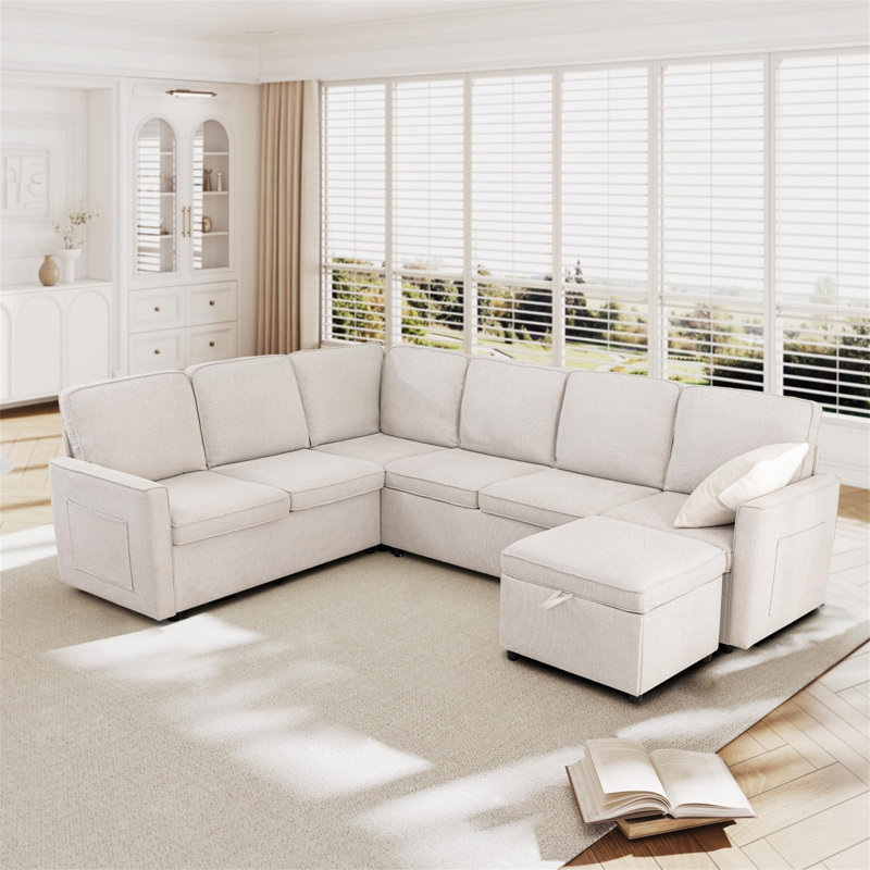 Canapé-lit modulaire en U de qualité supérieure avec lit escamotable, Lin blanc