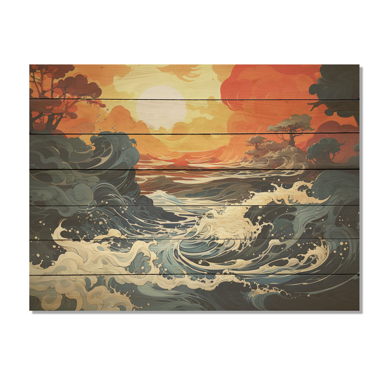 Coucher de soleil blanc et jaune - coucher de soleil côtier sur bois, H 10 po x l 20 po x P 0,78 po