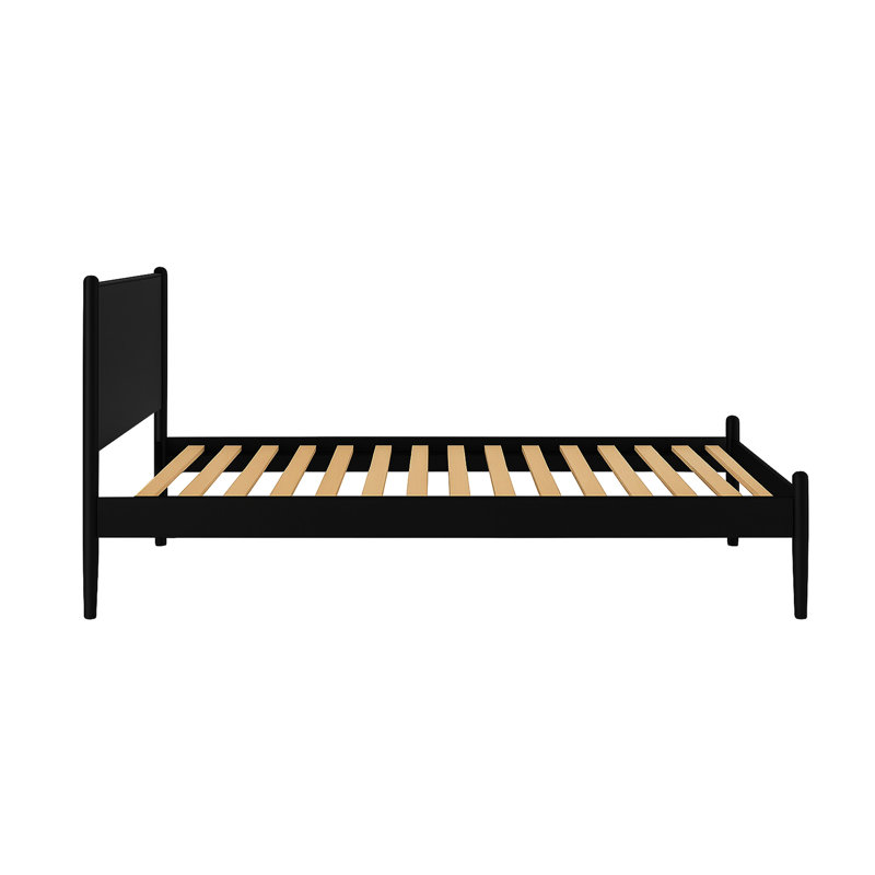 Lit plateforme noir Mid-Century moderne en bois massif et d'ingénierie, pieds fuselés, ensemble de lattes pour la chambre à coucher, ensemble, rond sans sommier nécessaire
