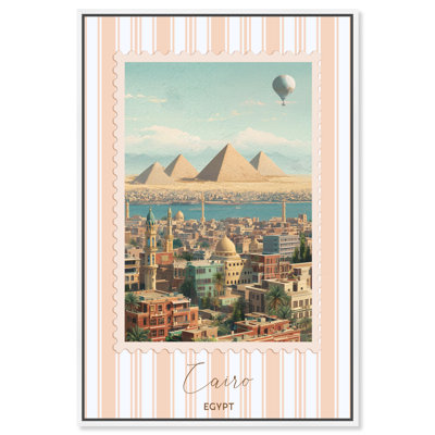 Cairo Travel Stamp Framed Canvas Print Vintage Poster Art by Art Remedy, White Frame, 24 x 36