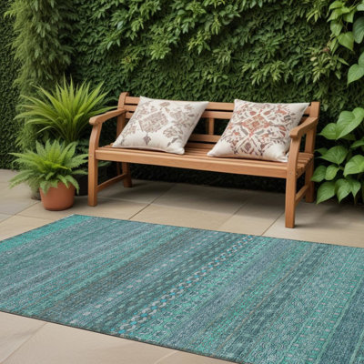8' Runner Turquoise Striped Washable Non Skid Indoor Outdoor Runner Rug