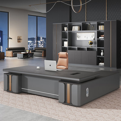 Modern Minimalist L-Shaped Dark Grey Executive Desk with Large Storage & Built-in Power Strip, Premium CEO & Manager Desk
