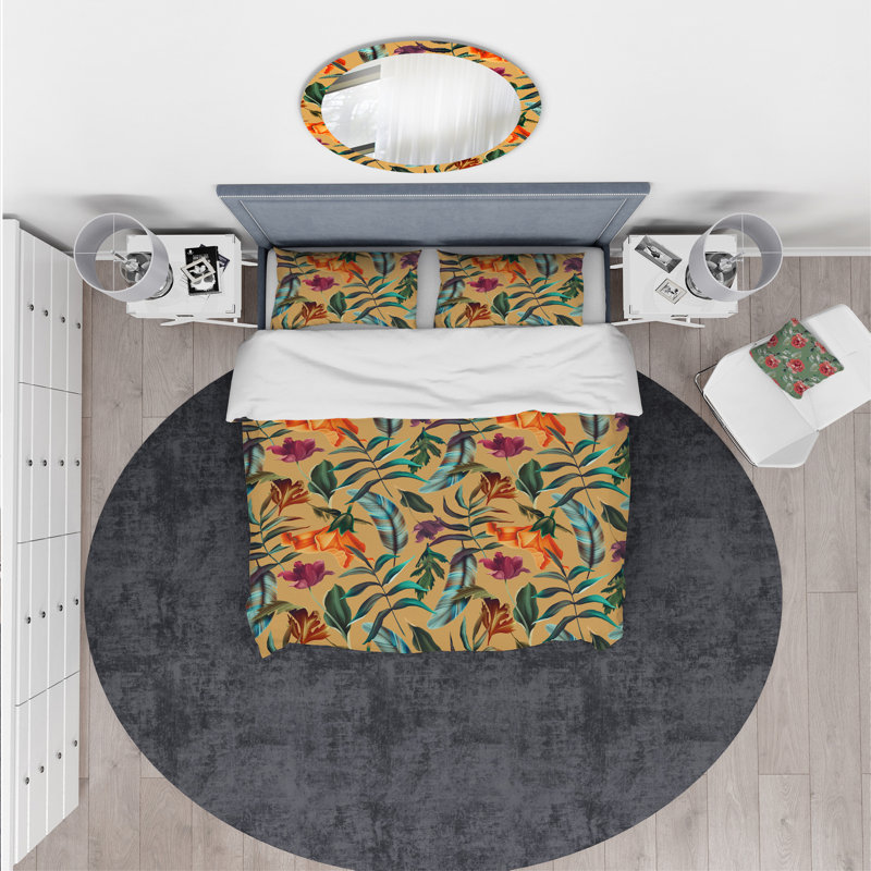 Ensemble de housse de couette à fleurs et plumes rétro designart, Housse de couette très grand + 2 taies décoratives