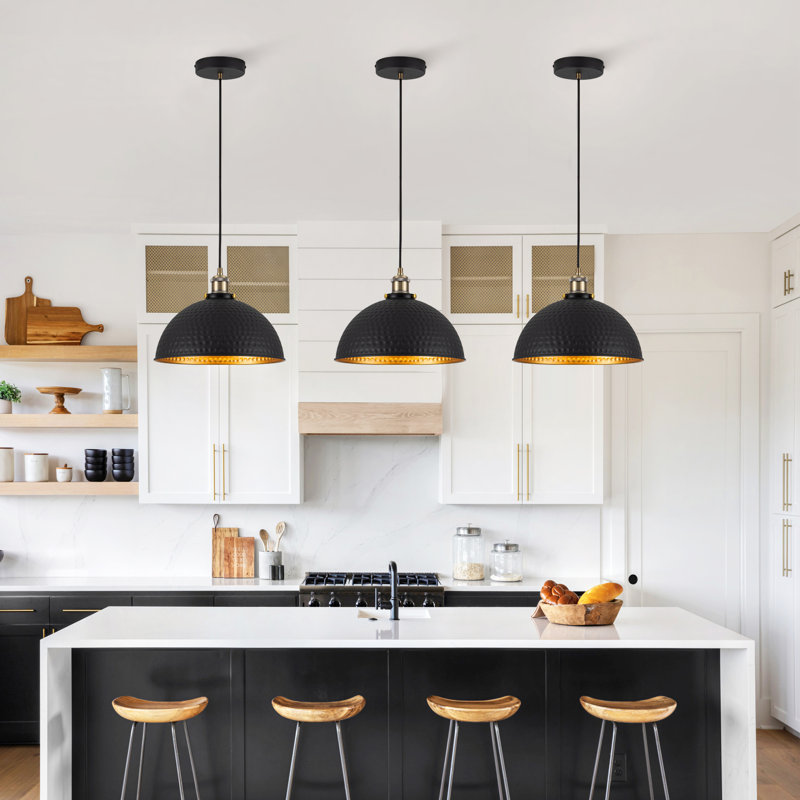  11.8 inch set of 3 Black and Gold Dome Pendant Light for Kitchen island, 67.8" H x 11.8" W x 11.8" D, Black, 3 Pack