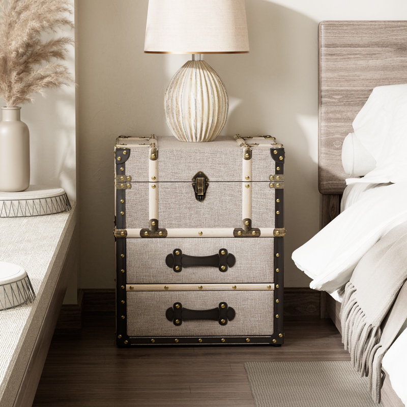 Lannigan Vintage Storage Chest with Buckle Hinged Top, Linen Accent End Side Table, Light Gray